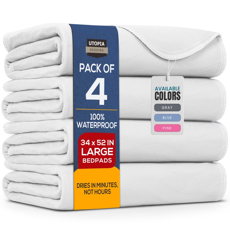 Utopia Bedding Washable Underpads 34" x 52" (Pack of 4), Waterproof Reusable Heavy Absorbency Incontinence Bed Pads for Adults, Kids, Elderly and Pets, Bedwetting Pads for Sofa and Couch (White) - Image 1